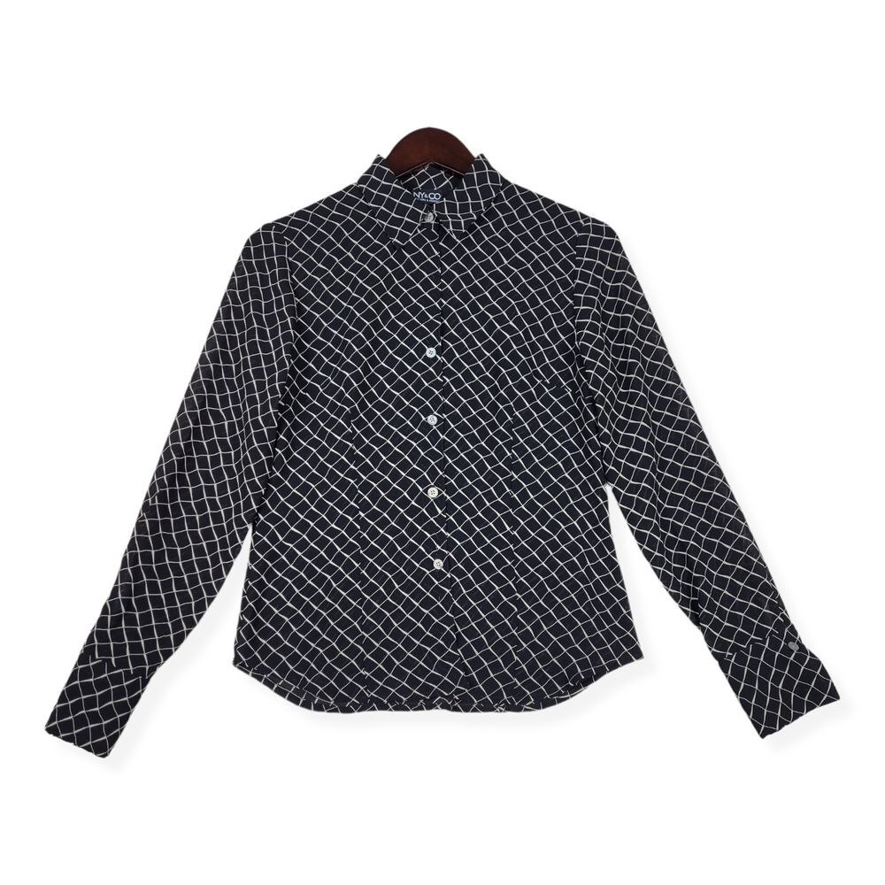 New York & Company Shirt Womens Small Black Beige Button Up Long Sleeve